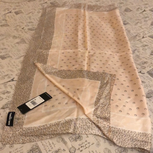 Karl Lagerfeld Paris 100% Silk Scarf Blush Rose Pearl & Logo Print 34 x 34 NWT - Picture 1 of 12